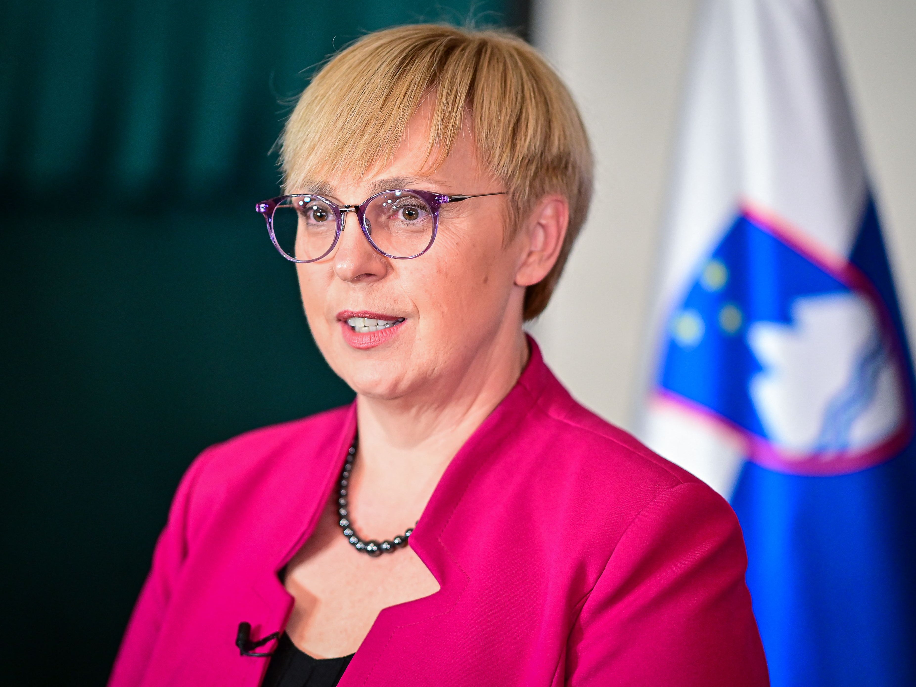 Nataša Pirc Musar speaks to the press as initial results of the presidential election are released in Ljubljana, Slovenia, on 13 November 2022