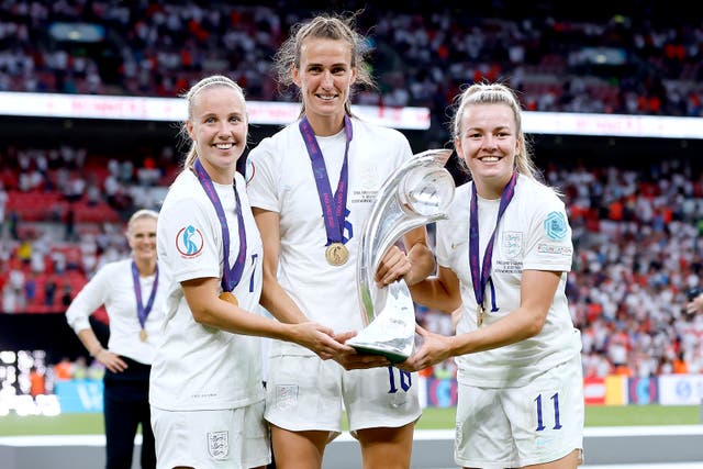<p>Jill Scott (centre) with Beth Mead and Lauren Hemp celebrating the UEFA Women’s Euro victory in July 2022</p>