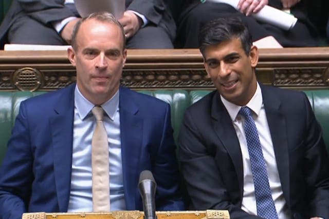 Deputy Prime Minister Dominic Raab and Chancellor of the Exchequer Rishi Sunak listen as Deputy Labour Leader Angela Rayner speaks during Prime Minister’s Questions in the House of Commons, London.