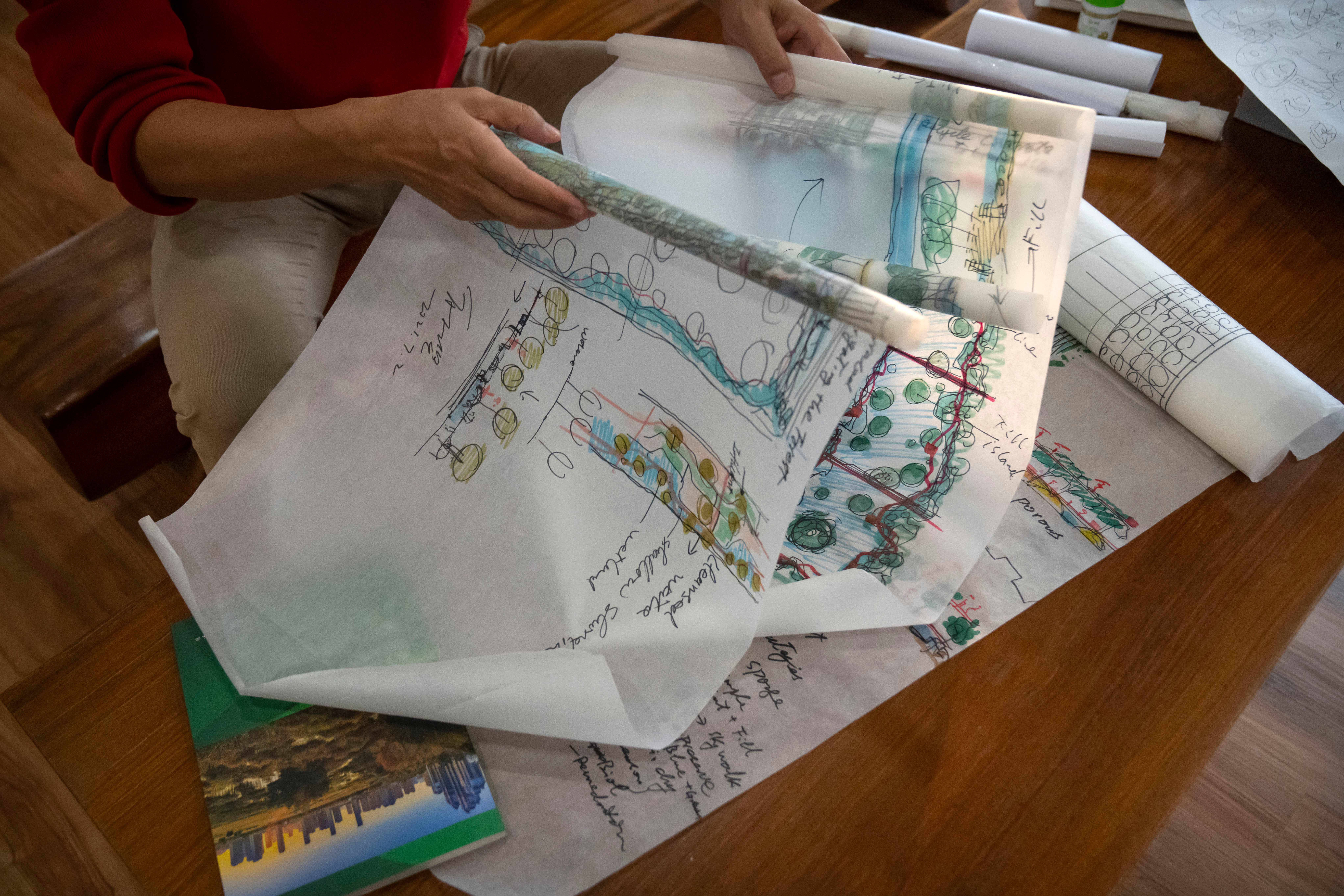 Architect Yu Kongjian unrolls handwritten designs for parklands during an interview at his firm's office in Beijing, Friday, 21 Oct 2022