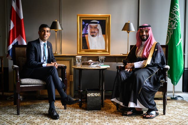 <p>Prime Minister Rishi Sunak (left) and Crown Prince Mohammed bin Salman of Saudi Arabia (Leon Neal/PA)</p>