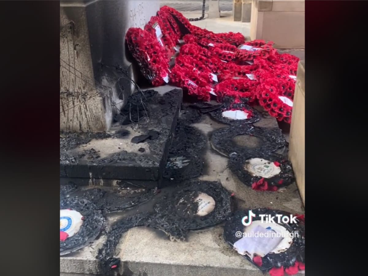 Remembrance wreaths on war memorial set on fire in &lsquo;disgusting&rsquo; attack