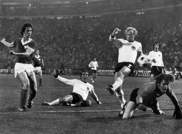 <p>East Germany forward Jürgen Sparwasser evades Horst-Dieter H?ttges and Berti Vogts to score the winning goal </p>
