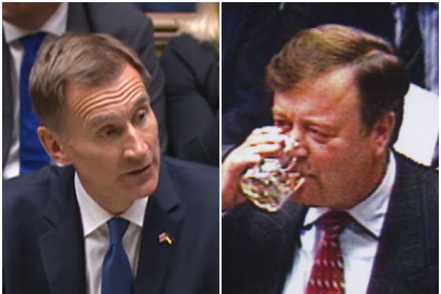 Jeremy Hunt and former chancellor Ken Clarke exercising his right to drink during a Budget statement (House of Commons/PA)
