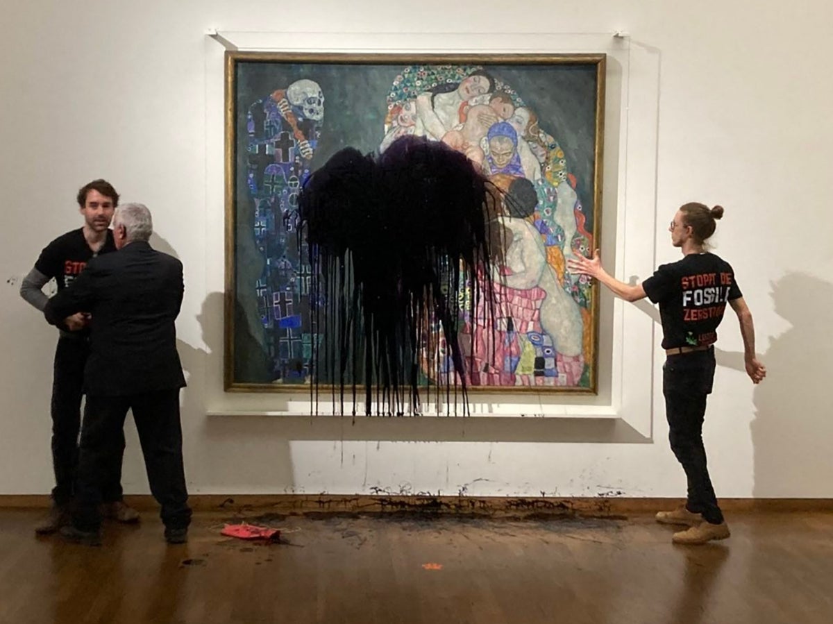 Climate activists throw black dye over Gustav Klimt painting in Vienna