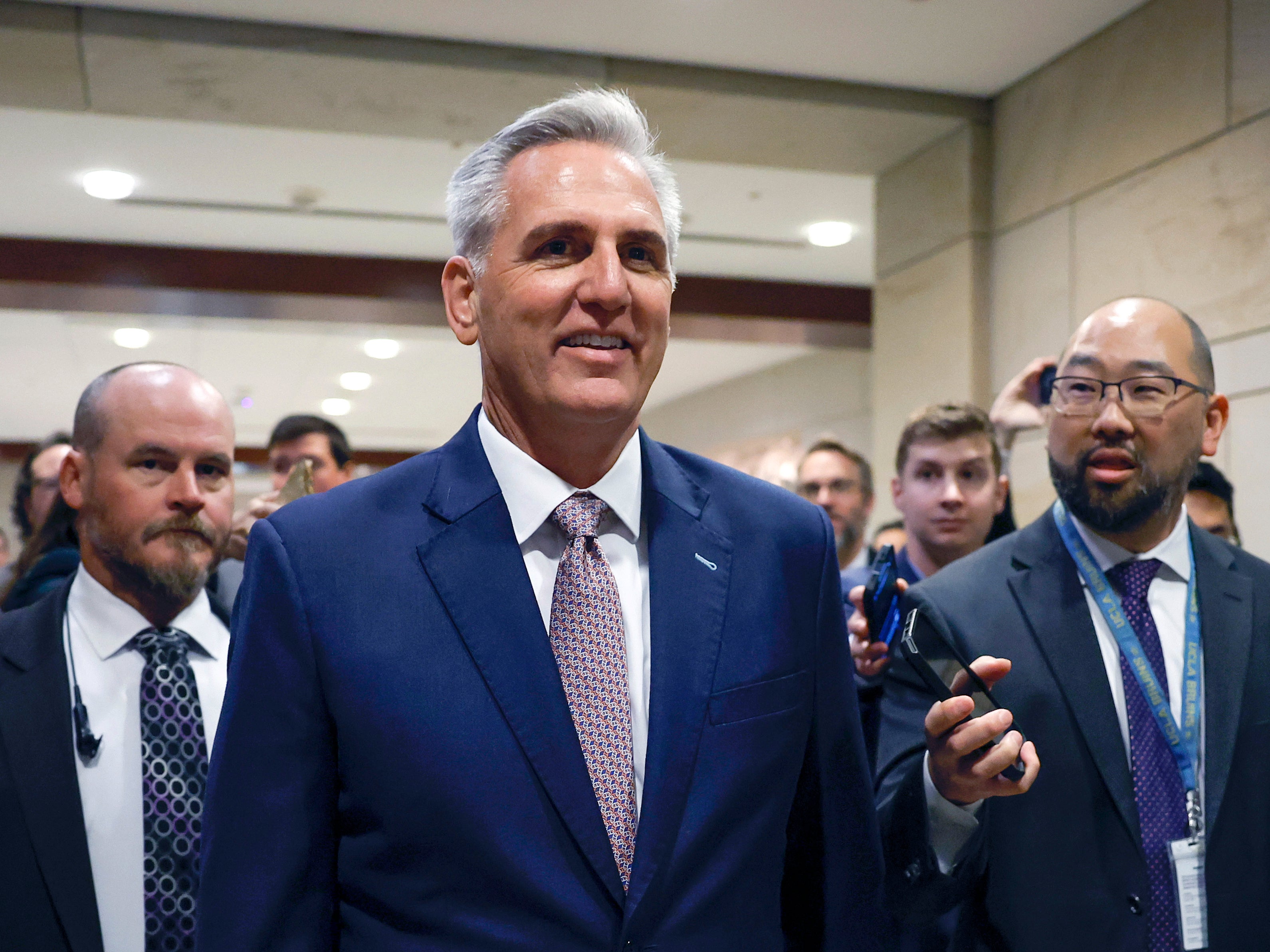 House Minority Leader Kevin McCarthy (R-CA) is followed by reporters as he arrives to a House Republican Caucus meeting at the U.S. Capitol Building on November 14, 2022 in Washington, DC