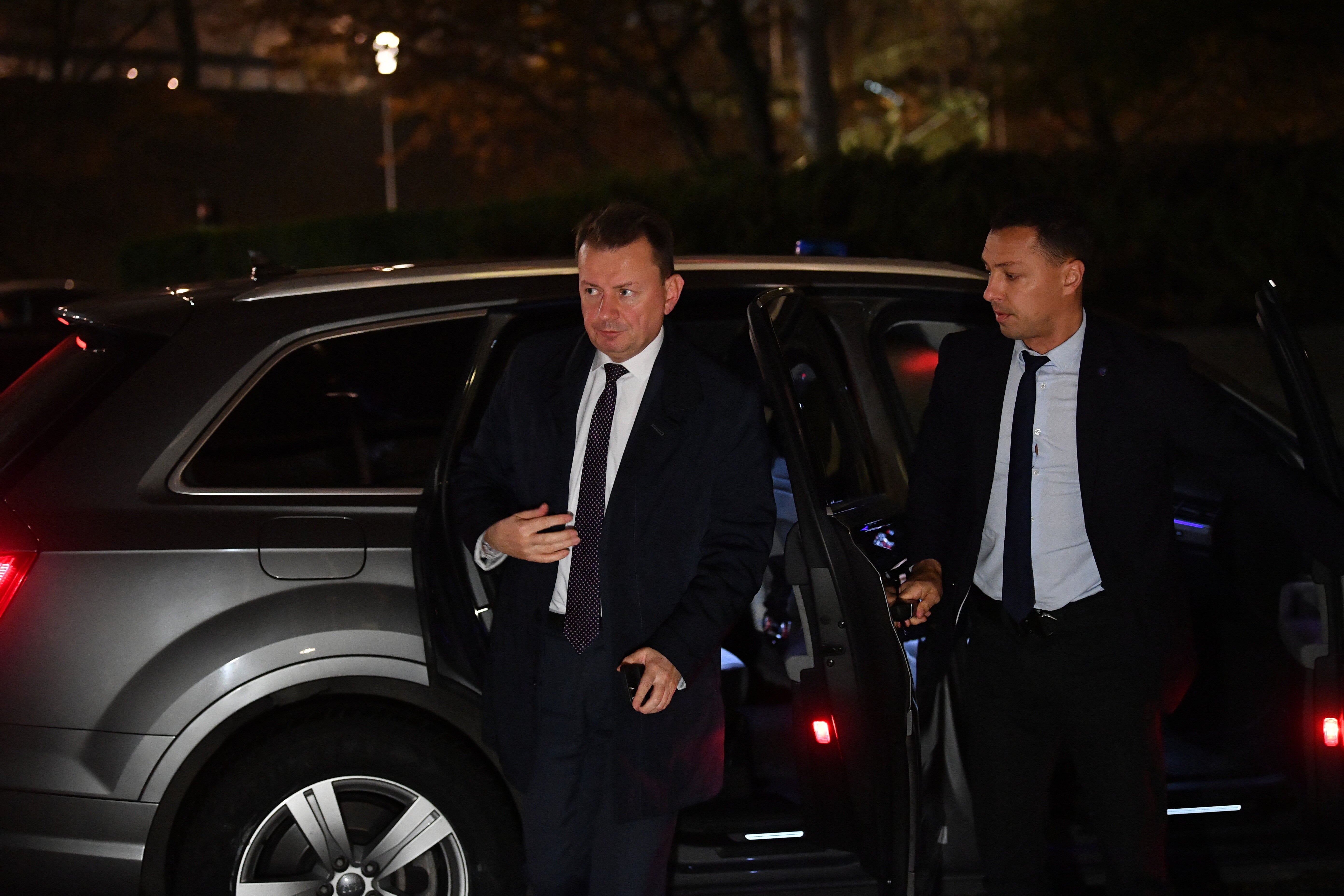 Polish defence minister Mariusz Blaszczak arrives at the National Security Bureau headquarters in Warsaw