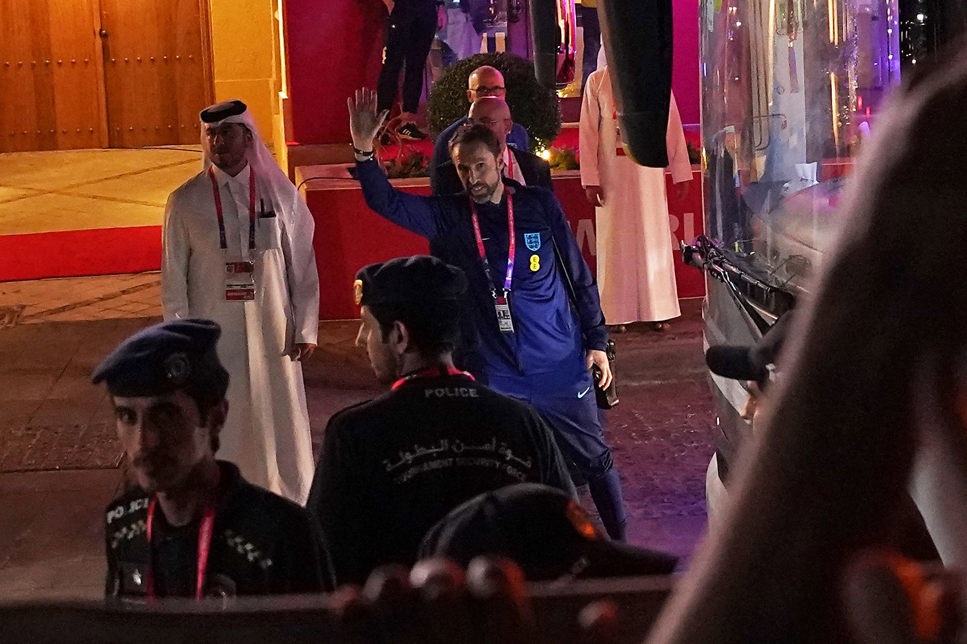 Gareth Southgate waves to England fans outside the team hotel in Qatar (Martin Rickett/PA)