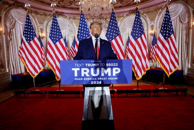 <p>Former U.S. President Donald Trump announces that he will once again run for U.S. president in the 2024 U.S. presidential election during an event at his Mar-a-Lago estate in Palm Beach, Florida, U.S. November 15, 2022</p>