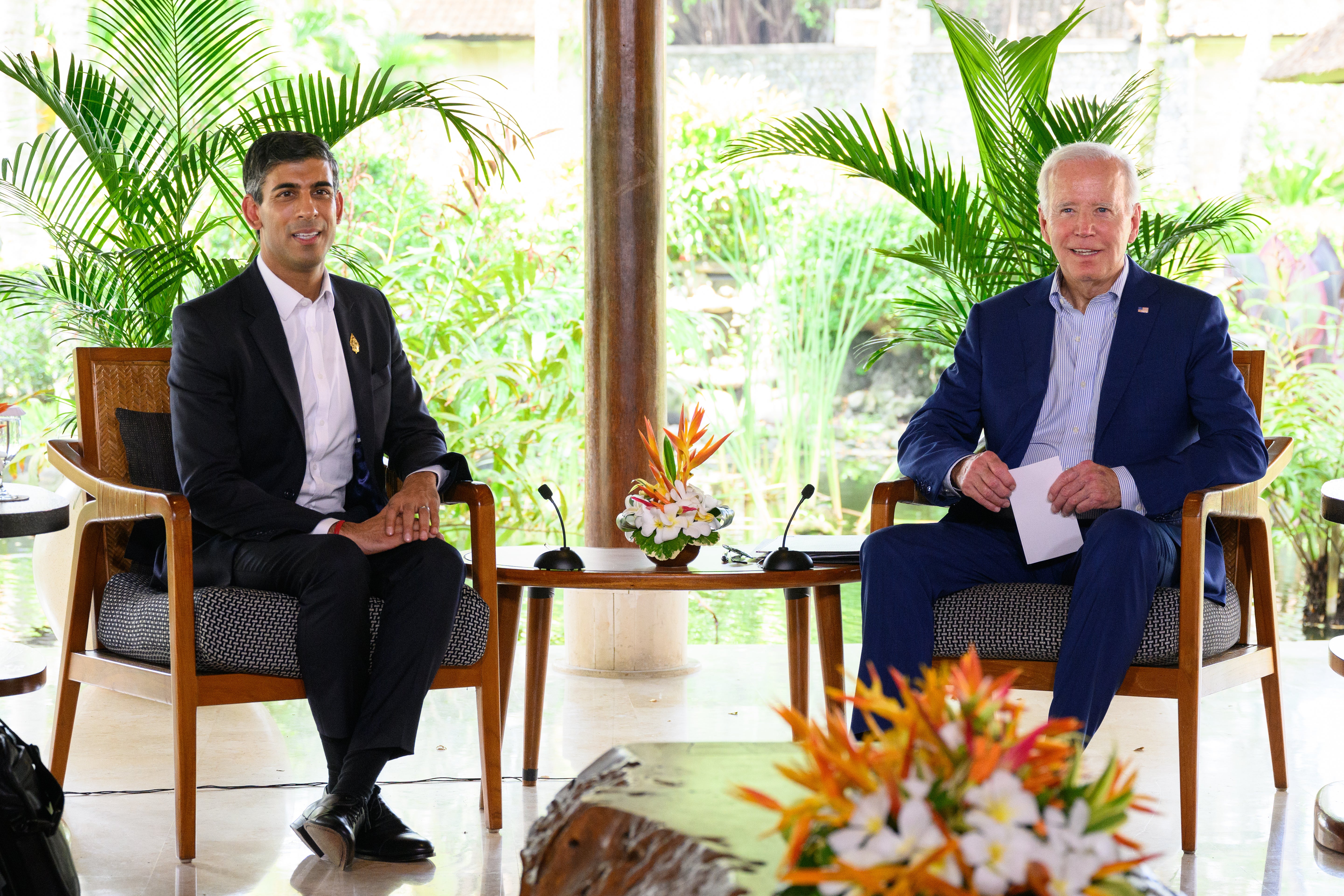 British prime minister Rishi Sunak speaks with US president Joe Biden during a bilateral meeting at the G20 summit on 16 November 2022 in Nusa Dua, Indonesia