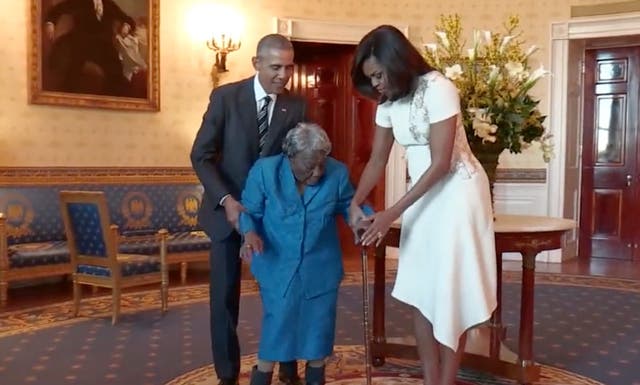 <p>Virginia McLaurin dances with the Obamas in the White House in 2016</p>
