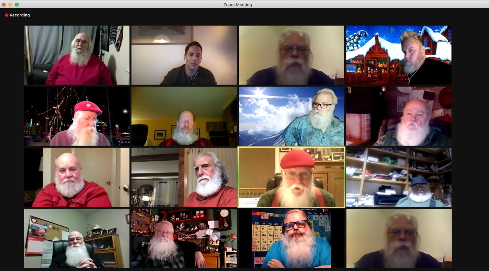 Filmmaker Nick Sweeney joins a zoom call with Santas participating in his documentary