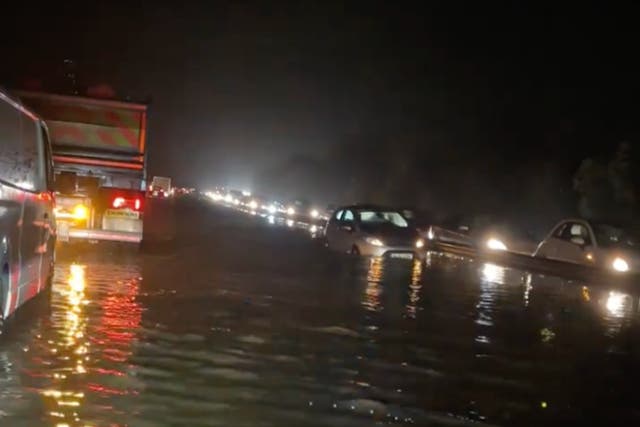 <p>Cars stuck in flood waters on A27  in West Sussex</p>