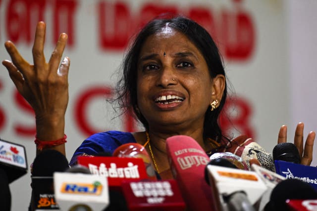 <p>Nalini, who was jailed for the assassination of former prime minister Rajiv Gandhi at a media briefing in Chennai on 13 November 2022. The last convicts jailed for the 1991 assassination of the former Indian prime minister walked out of prison on 12 November, a day after the country's Supreme Court ordered their release</p>