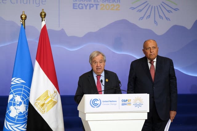 <p>Egypt’s Cop27 president Sameh Shoukry (right) and UN secretary general Antonio Guterres deliver statements on progress made on Thursday, the penultimate day of the summit </p>