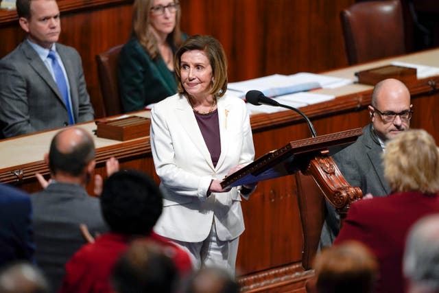 <p>House Speaker Nancy Pelosi of Calif., acknowledges applauds from lawmakers after speaking on the House floor at the Capitol in Washington Thursday, Nov. 17, 2022</p>