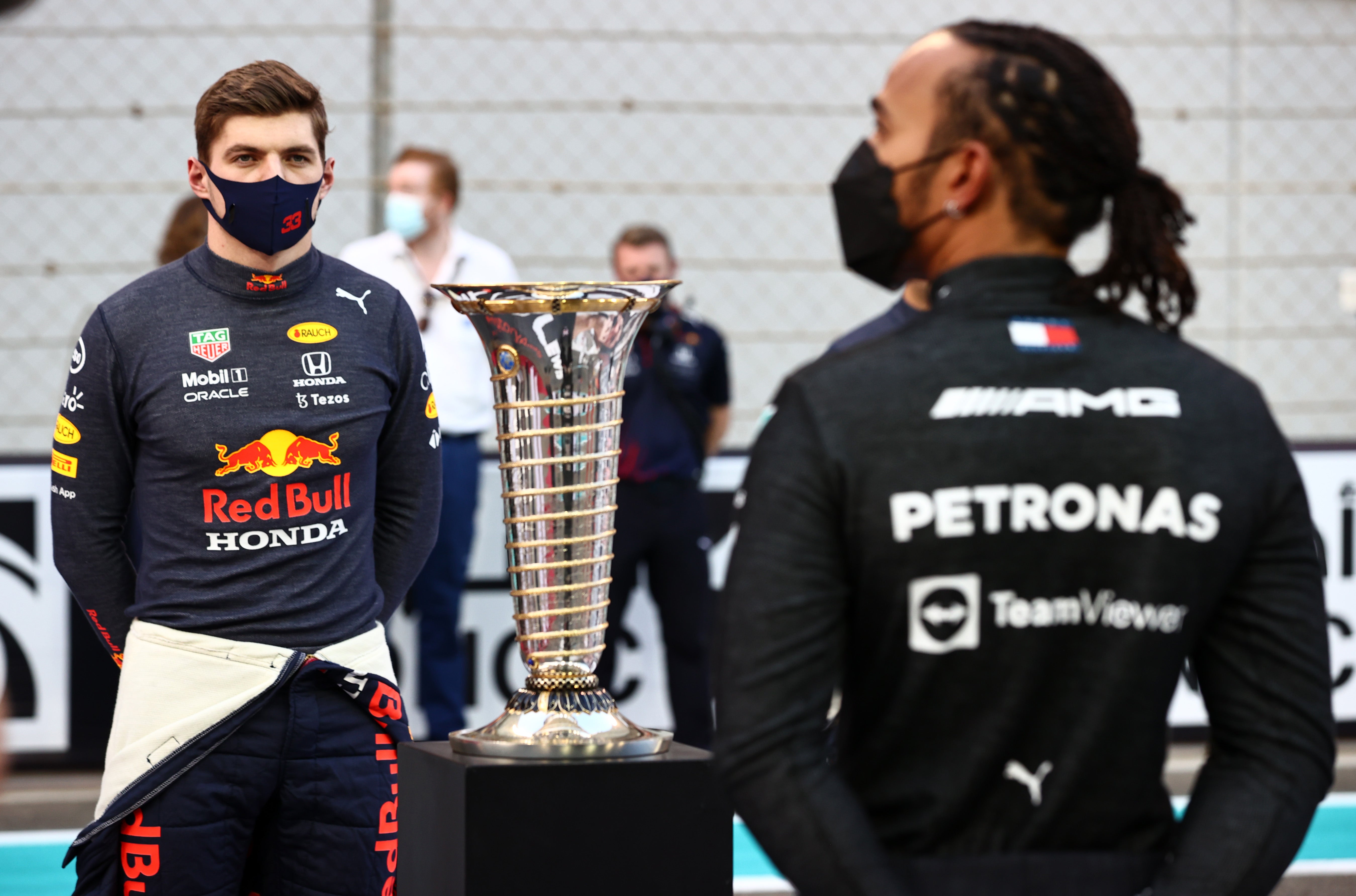 Max Verstappen stares at Lewis Hamilton prior to the winner-takes-all Abu Dhabi Grand Prix in 2021