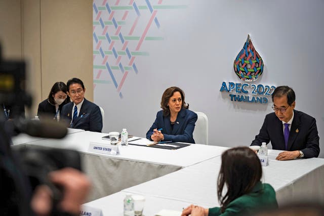 <p>US vice president Kamala Harris convenes emergency meeting during Asia-Pacific Economic Cooperation (APEC) summit, Friday, to discuss North Korea’s ICBM launch</p>