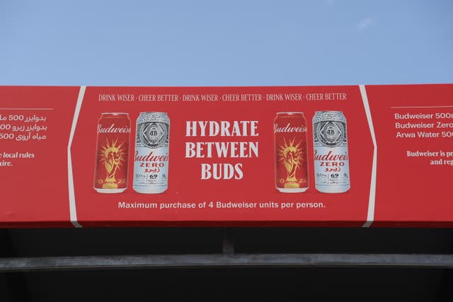 <p>A sign over a Budweiser beer stand at the pre-tournament Fan Festival</p>