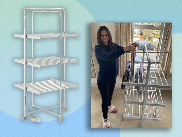 <p>The clothes airer boasts an impressive 21m of heated drying space across three tiers of rails </p>