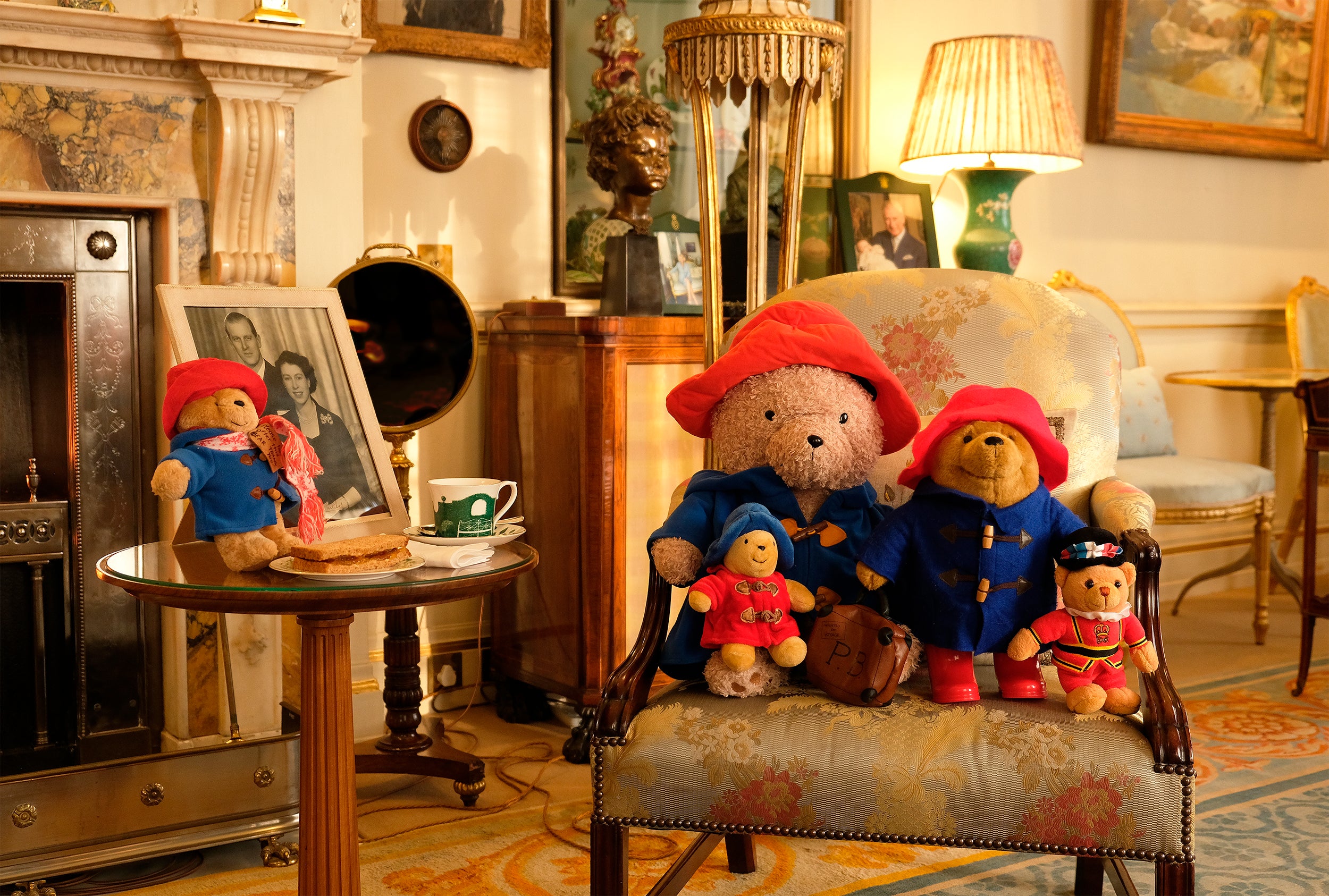 Paddington Bear toys with a cup of tea and a marmalade sandwich in the Morning Room at Clarence House