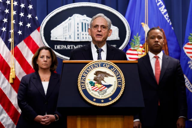 <p>Merrick Garland speaks at a press conference </p>