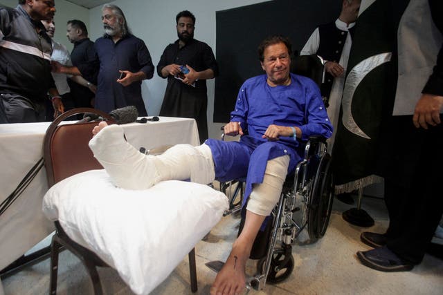 <p>File: Former Pakistan prime minister, Imran Khan sits in a wheelchair after he was wounded following a shooting incident on a long march in Wazirabad</p>