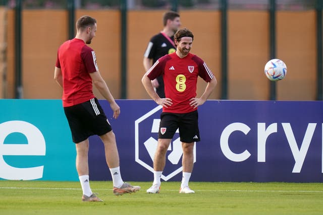 Joe Allen (right) during a Wales training session at the Al Sadd Sports Club, Doha (Adam Davy/PA)