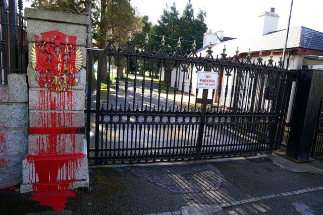 A view of the Embassy of Russia in Dublin after red paint was poured on the coat of arms of the Russian Federation (Brian Lawless/PA)