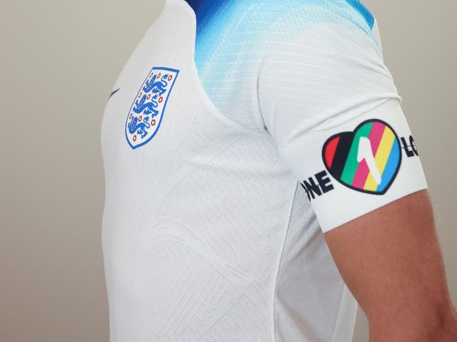 <p>England's Harry Kane wearing a OneLove captain's armband</p>