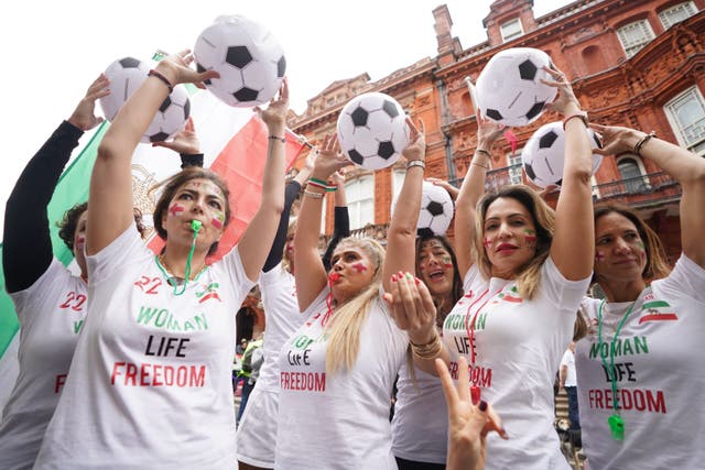 British-Iranian women protest outside the Qatar Embassy in London against the Iran regime in advance of the England v Iran World Cup match in Qatar on Monday. Picture date: Saturday November 19, 2022 (James Manning/PA)