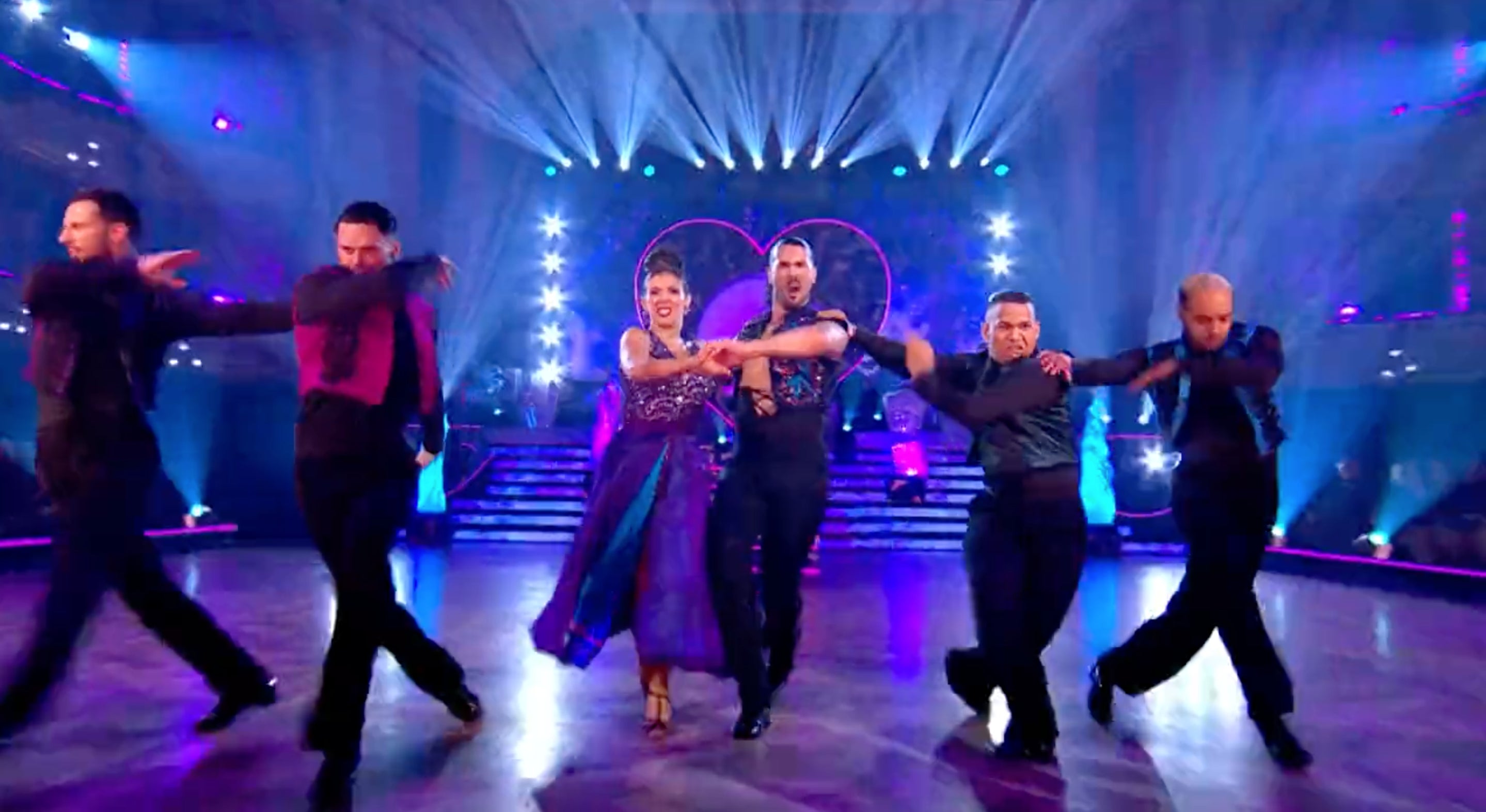 Kym Marsh and Graziano Di Prima performing with backing dancers in the Blackpool Tower Ballroom