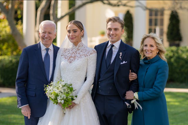 <p> President Joe Biden and First Lady Jill Biden attend the wedding of Peter Neal and Naomi Biden Neal on the South Lawn of the White House on November 19, 2022 </p>