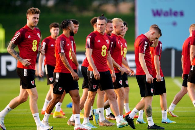 Wales captain Gareth Bale (centre) and teammates in training ahead of their World Cup opener against the United States on Monday (Mike Egerton/PA)