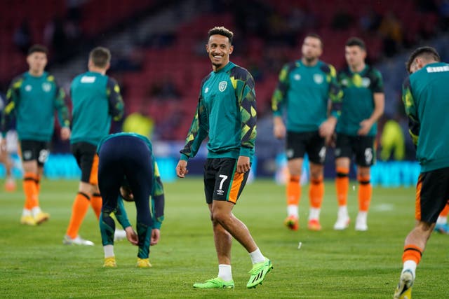Republic of Ireland’s Callum Robinson (centre) during the warm up before the UEFA Nations League Group E Match at Hampden Park, Glasgow. Picture date: Saturday September 24, 2022.