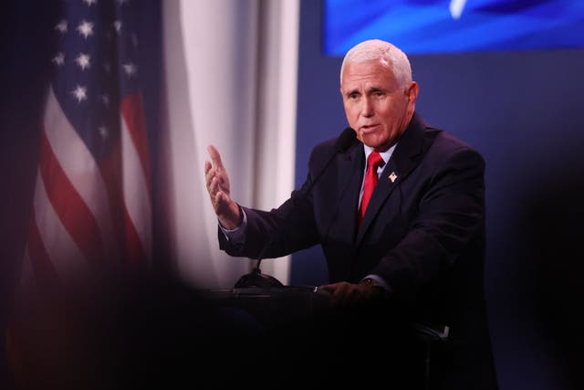 <p>Mike Pence speaks at a gathering of the Republican Jewish Coalition</p>