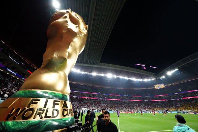 A giant World Cup trophy statue pitchside before the Fifa World Cup Group A match at the Al Bayt Stadium in Al Khor, Qatar (Nick Potts/PA)