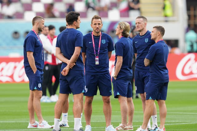 England’s Eric Dier, Harry Maguire, Harry Kane, Conor Gallagher, Jordan Pickford and Kieran Trippier before the FIFA World Cup Group B match at the Khalifa International Stadium in Doha (Martin Rickett/PA)