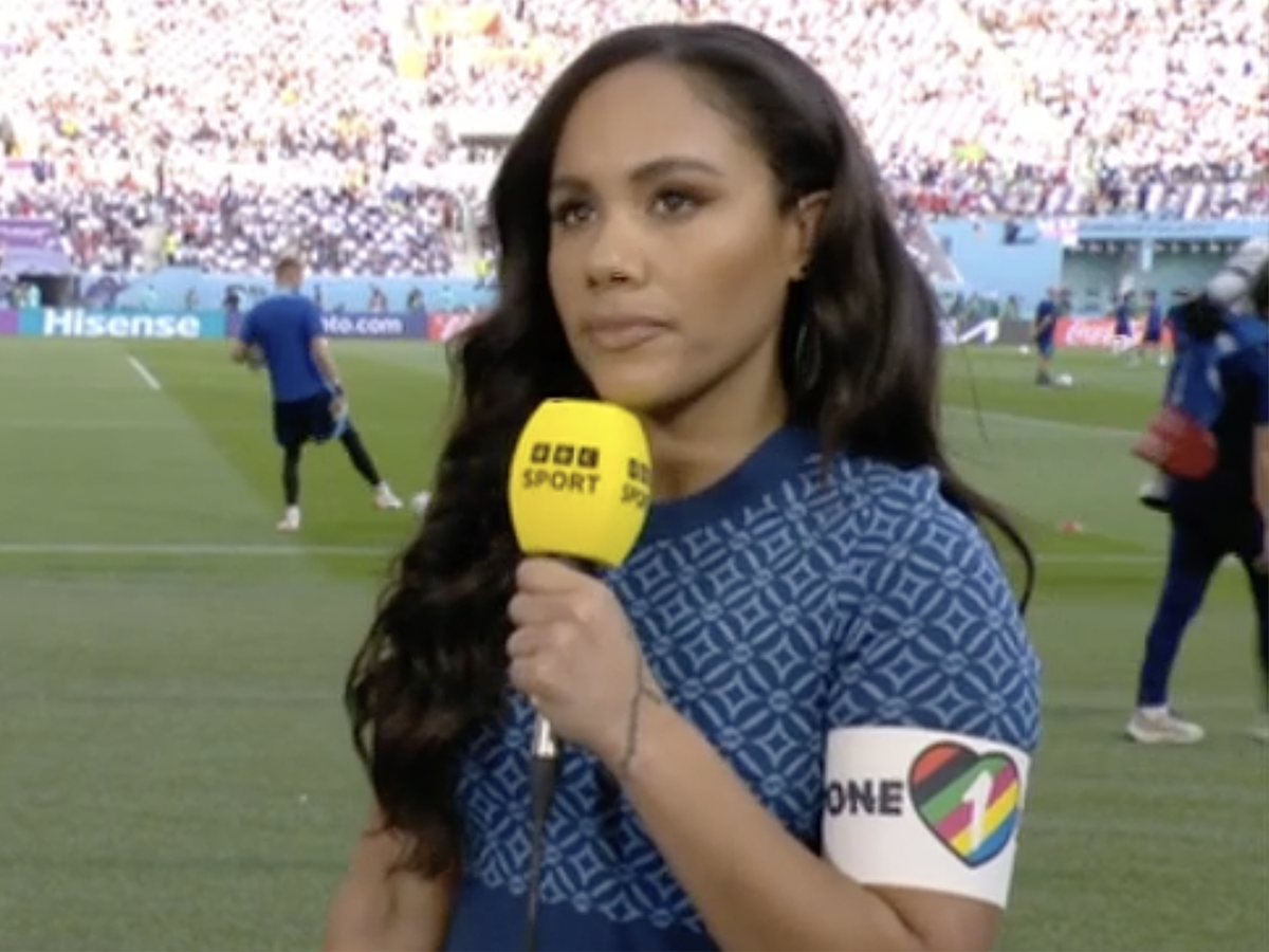 Alex Scott wears OneLove armband on BBC coverage of England vs Iran