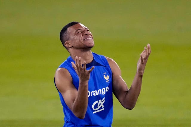 <p>Kylian Mbappe during a France training session this week</p>