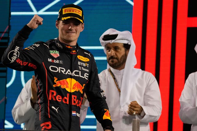 Max Verstappen celebrates his 15th win of the season at Sunday’s Abu Dhabi Grand Prix (Kamran Jebreili/AP)