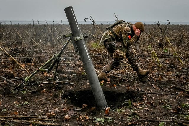<p>A Ukrainian serviceman fires a mortar on a front line in Zaporizhzhia</p>