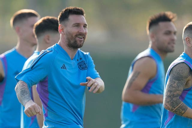 Lionel Messi training with Argentina ahead of the World Cup match against Saudi Arabia (Jorge Saenz/AP)