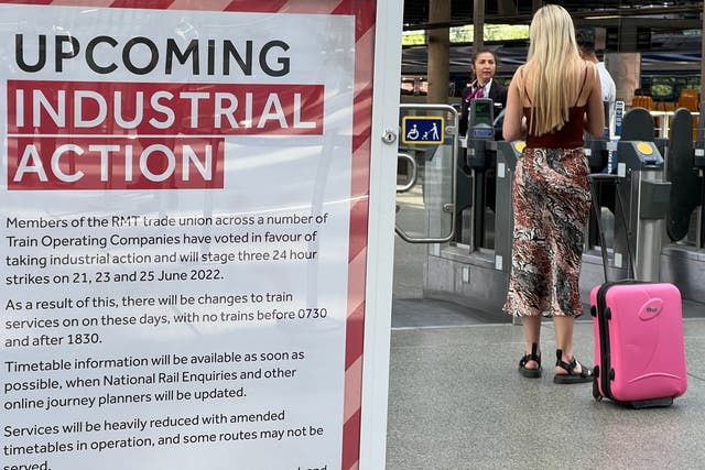 <p>Start stoppage: A poster at Gatwick railway station announcing the first round of national rail strikes since the 1980s, which began in June 2022</p>