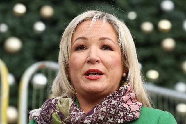 Sinn Fein Vice President Michelle O’Neill speaks to the media outside the Guildhall, Derry City, Co Londonderry (Liam McBurney/PA)