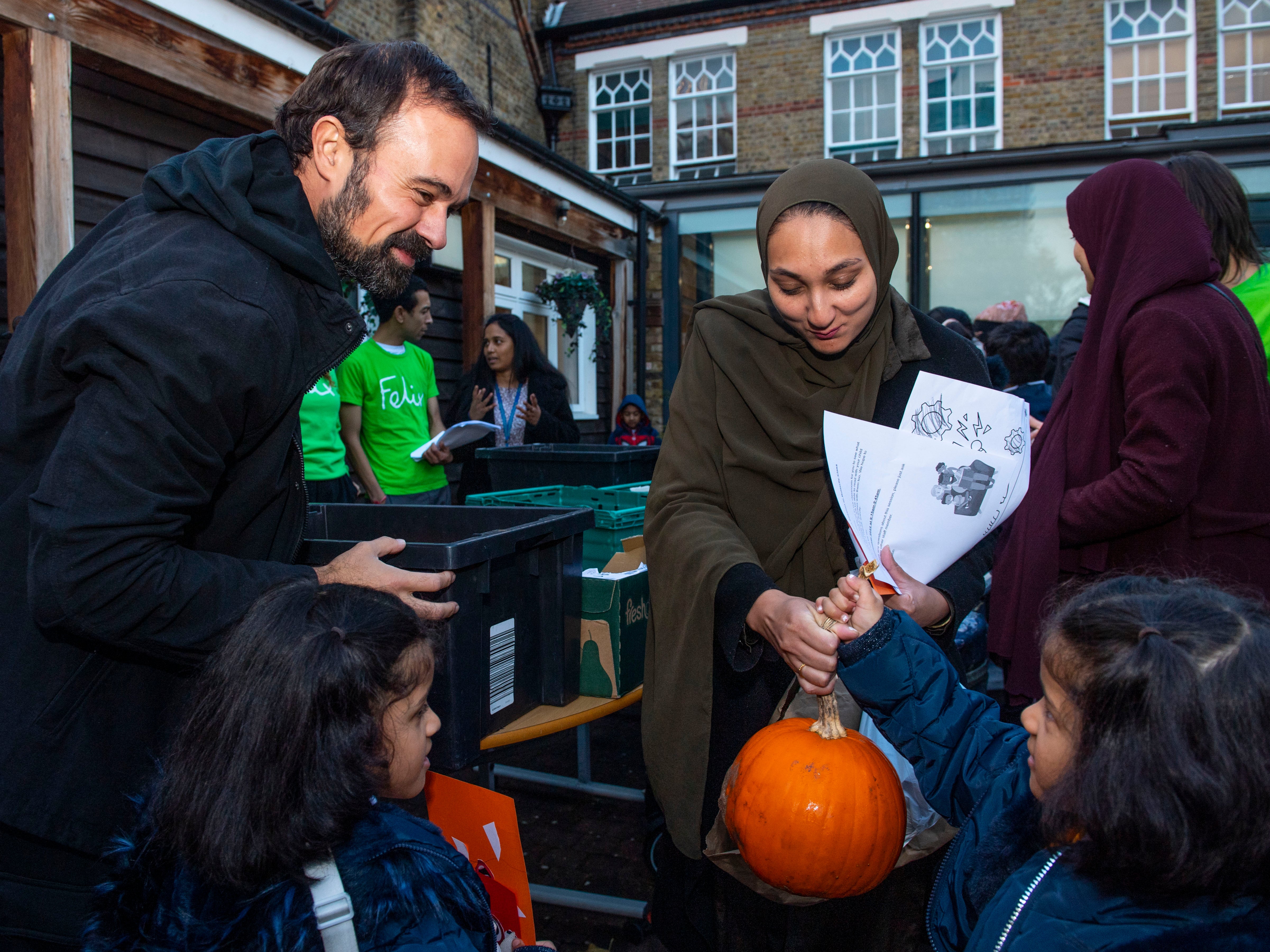 Lord Lebedev distributes food to families at St Paul’s Primary School in Whitechapel, east London