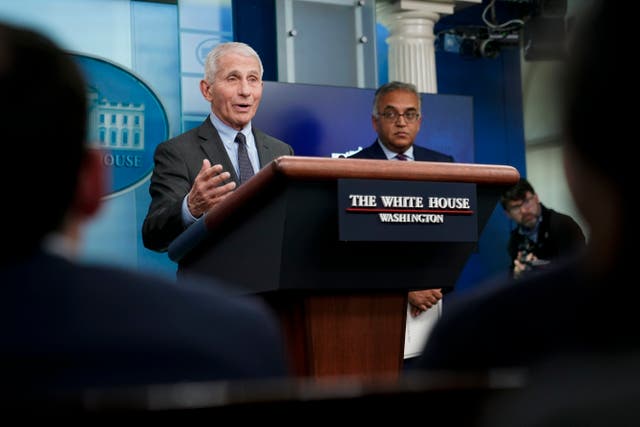 <p>Dr. Anthony Fauci, Director of the National Institute of Allergy and Infectious Diseases, speaks alongside White House COVID-19 Response Coordinator Ashish Jha during a press briefing at the White House, Tuesday, Nov. 22, 2022, in Washington. (AP Photo/Patrick Semansky)</p>