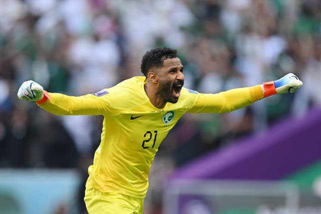 <p>Saudi Arabia goalkeeper and man of the match Mohammed Al-Owais celebrates one of the biggest upsets in World Cup history</p>