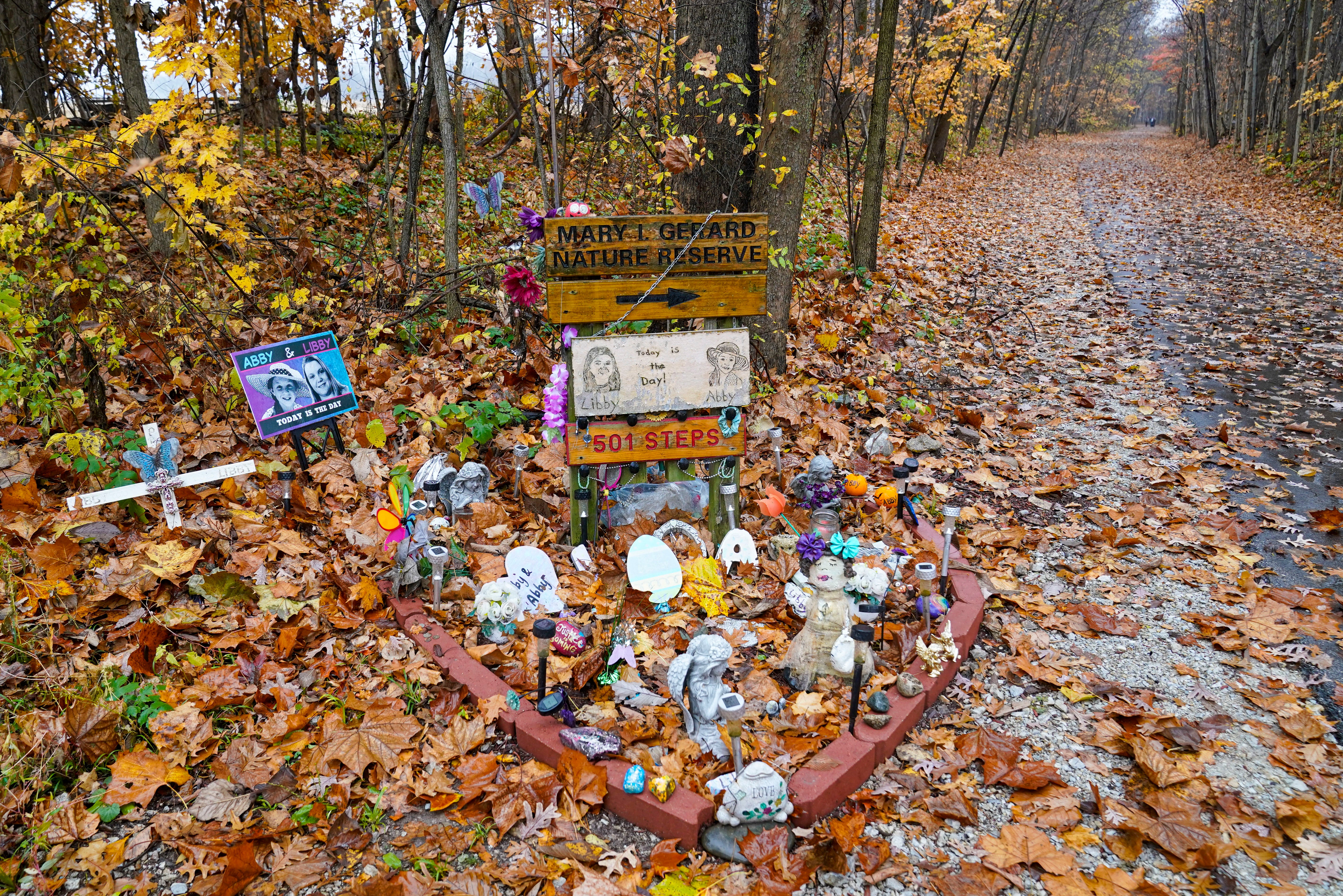 A makeshift memorial to Liberty German and Abigail Williams is pictured near where they were last seen