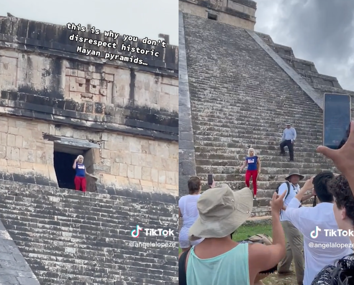 メキシコの古代マヤのピラミッドを登った後、見物人の群れの中にいる観光客